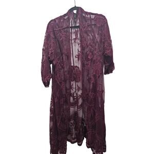 Lane Bryant Lace Duster Cardigan 26/28 Burgundy Sheer Floral Open Front